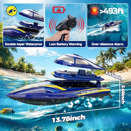 DEERC 14" Fast RC Boat for Kids & Adults, 32+ KPH Remote Control Speed Boat with 2x1200mAh Batteries, Auto Self-Righting Waterproof Toy for Lakes & Pools