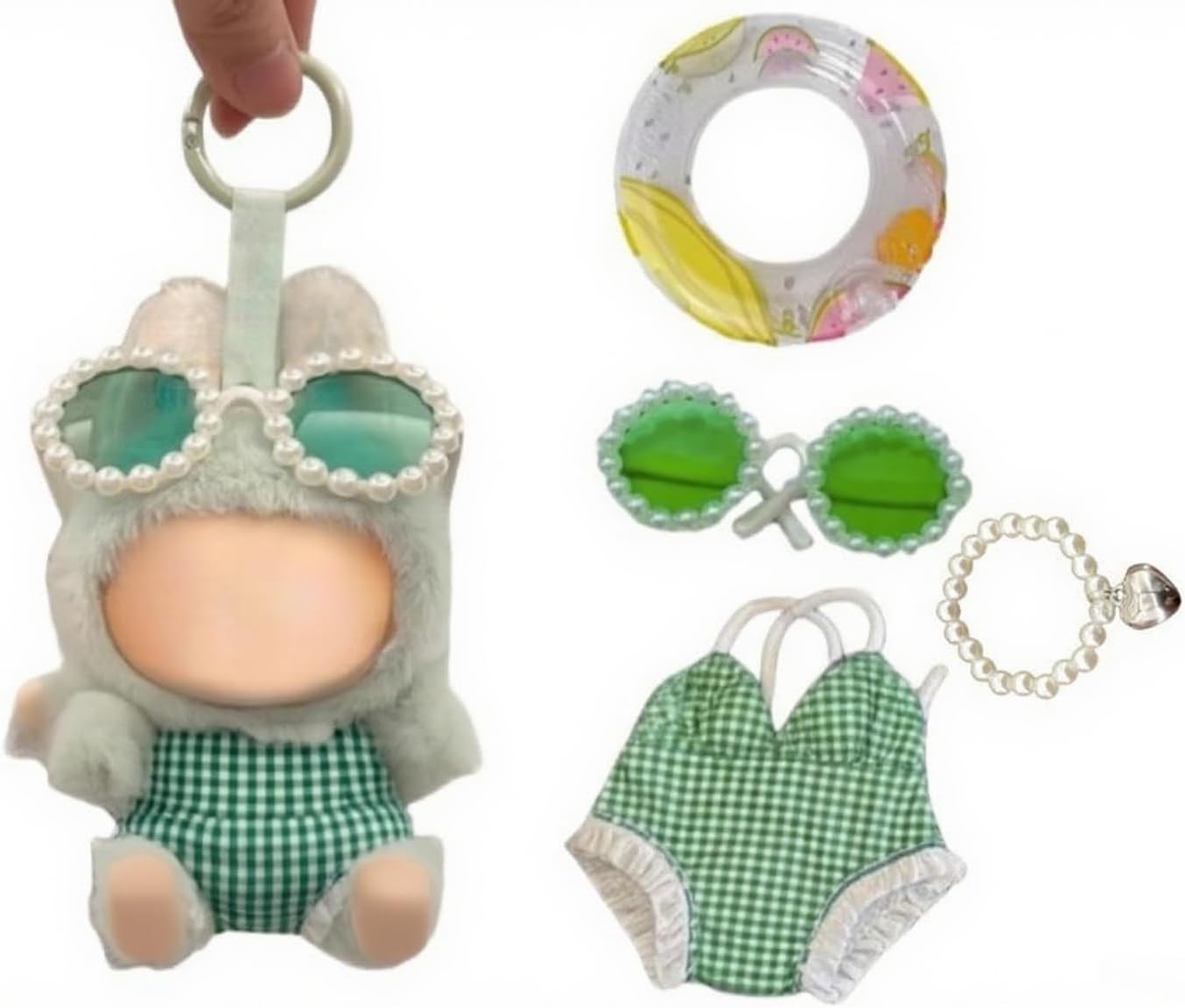 Stylish Summer Beach Clothes Set Suitable for 17cm/15cm Labubu – Fashion Outfit(Doll Not Included) (Green Swimsuit+Swim Ring+Necklace+Glasses)