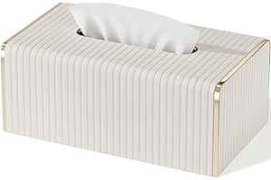 LADSTAG Tissue Box Cover,White Rectangle Leather Tissue Box Holder with Gold-Tone Edging Decoration,Decorative Tissue Cover for Bathroom Toilet Bedroom Living Room Table Desk Office (White, Rectangle)
