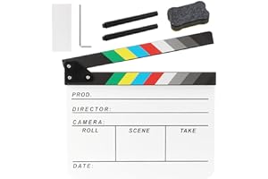 Ribvane Acrylic Movie Film Directors Clapboard, Photography Video TV Cut Action Scene Slate Clapper Board Props with a Magnetic Blackboard Eraser, Two Custom Pens, Cleaning Cloth and Hex Wrench, White
