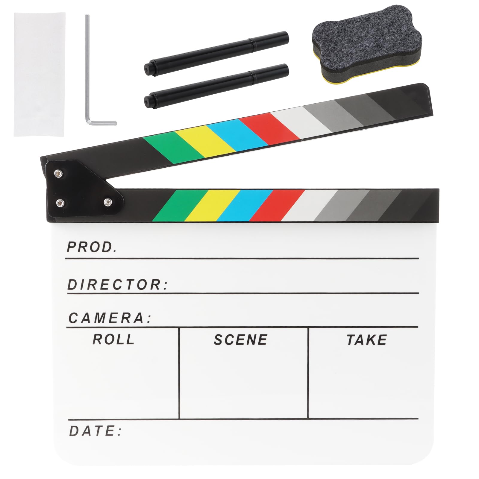 Ribvane Acrylic Movie Film Directors Clapboard, Photography Video TV Cut Action Scene Slate Clapper Board Props with a Magnetic Blackboard Eraser, Two Custom Pens, Cleaning Cloth and Hex Wrench, White