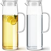 Hsei 2 Sets Glass Pitcher with Lid, 50 oz / 1500 ml Water Carafe with Handles Hot Cold Beverage Water Jar Glass Jug for Tea Juice Milk Coffee Iced Beverage (Glass Lid)