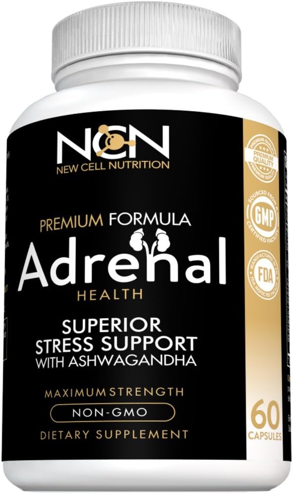 Ashwagandha w Holy Basil for Adrenal Health by NCN New Cell Nutrition -Premium Herbal Blend 100% Non GMO