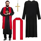 Zhanmai Men's Priest Costume Adult Priest Costume with Father Robe Stole Plastic Monk Cross for Cosplay Stage Halloween