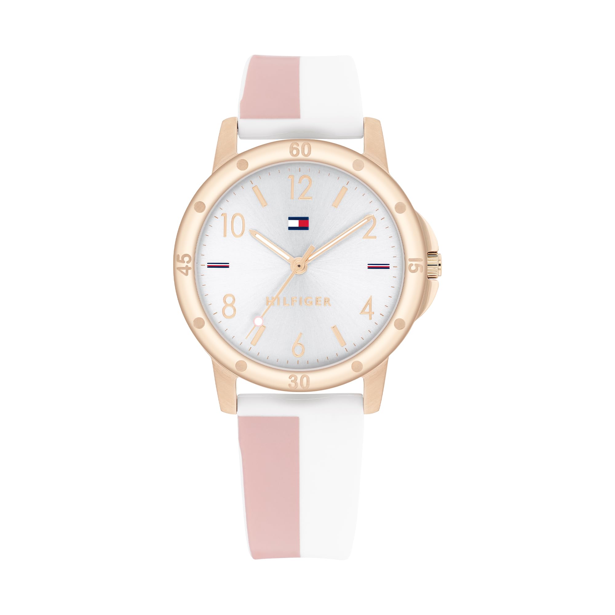 Tommy Hilfiger Girls Watch with Silver Dial, White and Pink Silicone Strap, 32mm Carnation Gold-Tone Case, 3 Hand Quartz Movement, 3 ATM Water Resistant - 1720015