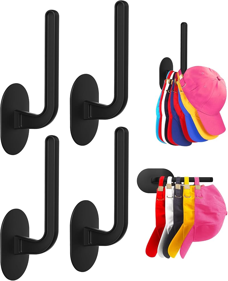 Eiito Hat Hooks for Cap Storage Pack of 4 Black Self Adhesive Two Mounting Ways