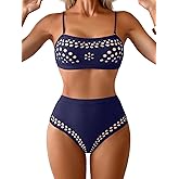Aidonger Women's High Waisted Bikini Sets Bandeau Two Piece Swimsuits Cutout Tie Back Bathing Suits