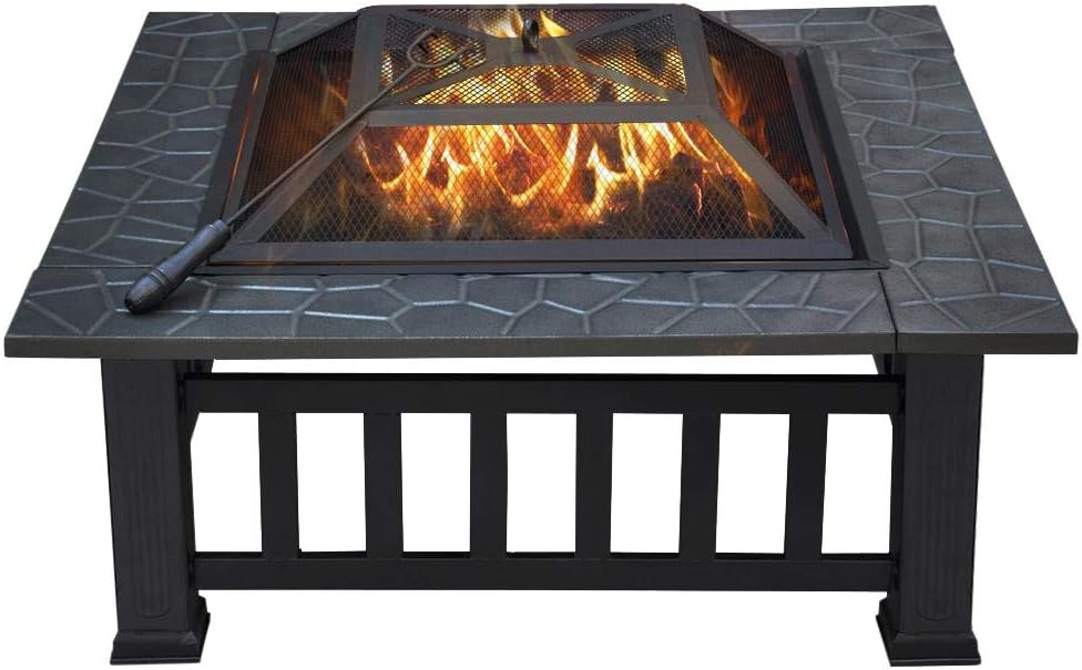YAHEETECH 32in Outdoor Metal Firepit Square Table Backyard Patio Garden Stove Wood Burning Fire Pit with Spark Screen, Log Poker and Cover: Sports & Outdoors