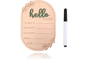 DUOJINSANXI Baby Announcement Sign, 5.91x4.13 Inch Wooden Hello World Newborn Signs, Birth Announcement Sign, Ear of Wheat Decoration, Welcome Newborn Arrival to World, Hospital Nursery for baby (Green,Pen)