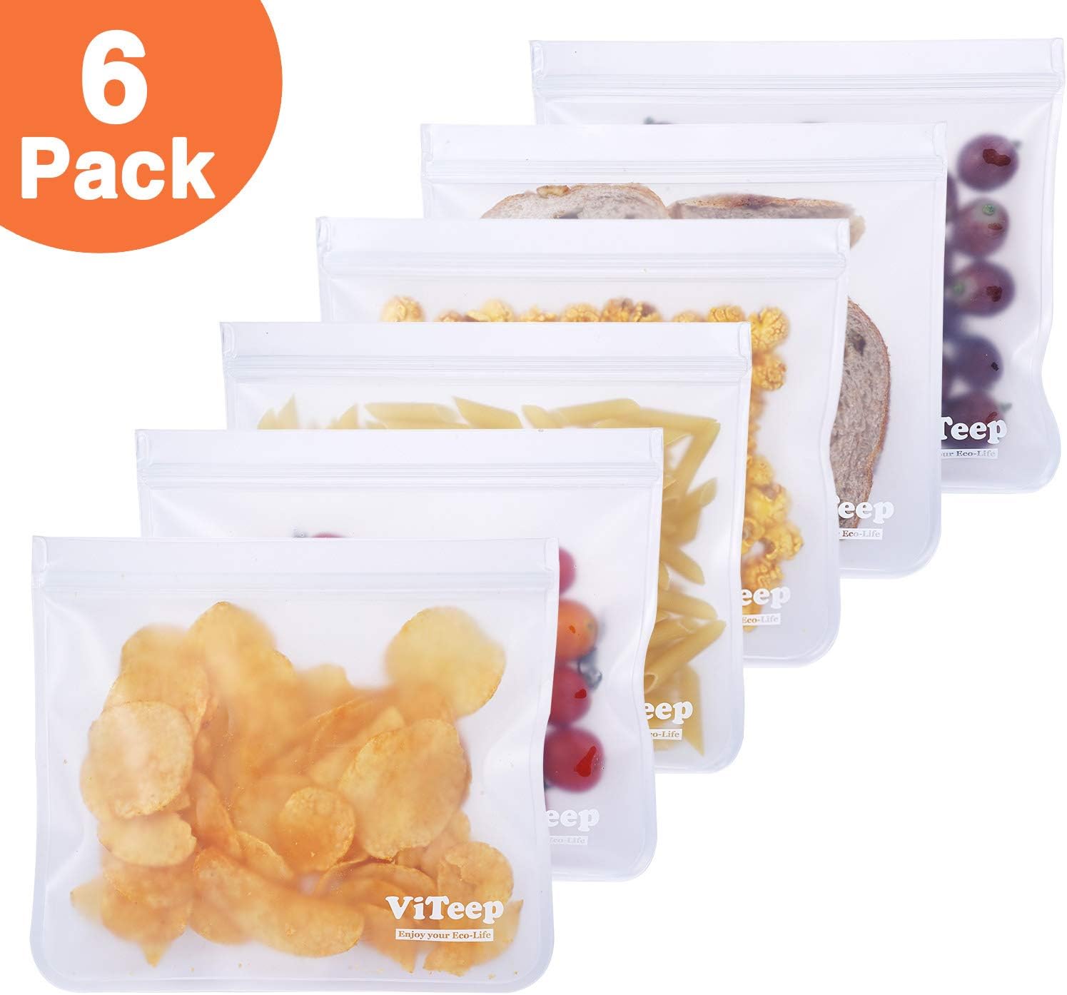 ViTeep Reusable Storage Bags 6 Pack Lunch Bag- Extra Thick PEVA Ziplock Lunch Bags Ideal for Food Storage Home Organization Eco-friendly
