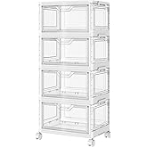 SNSLXH Portable Clear Storage Bins with Lid & Wheels, 24QT Clear Storage Bins with Lid, 4-Tier Plastic Bins with Wheels, Stackable, Magnetic Doors, for Bedroom, Living Room, Office