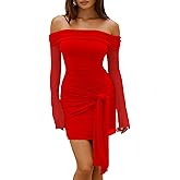 HOCILLE Women's Sexy Off Shoulder Bodycon Mini Dress Mesh Long Sleeve Wrap Tie Waist Ruched Party Dresses, Large, Red