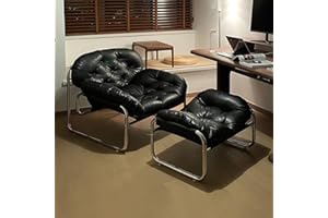 Accent Chair and Ottoman Set, Lounge Chair with Stainless Steel Frame, Faux Leather Fabric Reading Chair and Footstool for Li