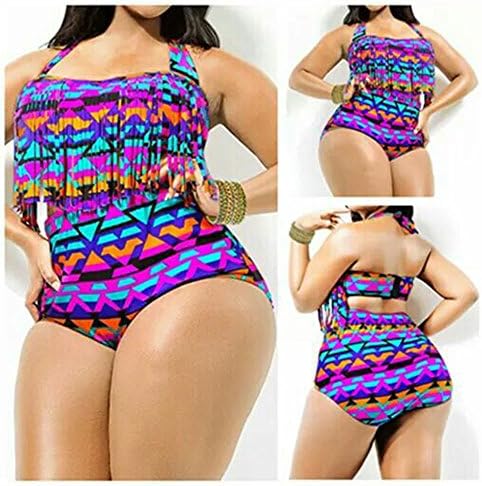 Creabygirls Womens Plus Size Print High Waist Two Piece Tassel Swimsuits