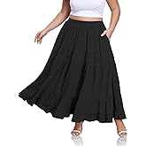 LassDazz Women's Plus Size Maxi Skirt Layered Tiered Long Skirts High Waisted A Line Flowy Maxi Skirt with Pockets