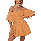 Dokotoo Womens Off The Shoulder Summer Dresses 2026 Short Lantern Sleeve Ruffle Elastic Waist A-Line Casual Mini Dress