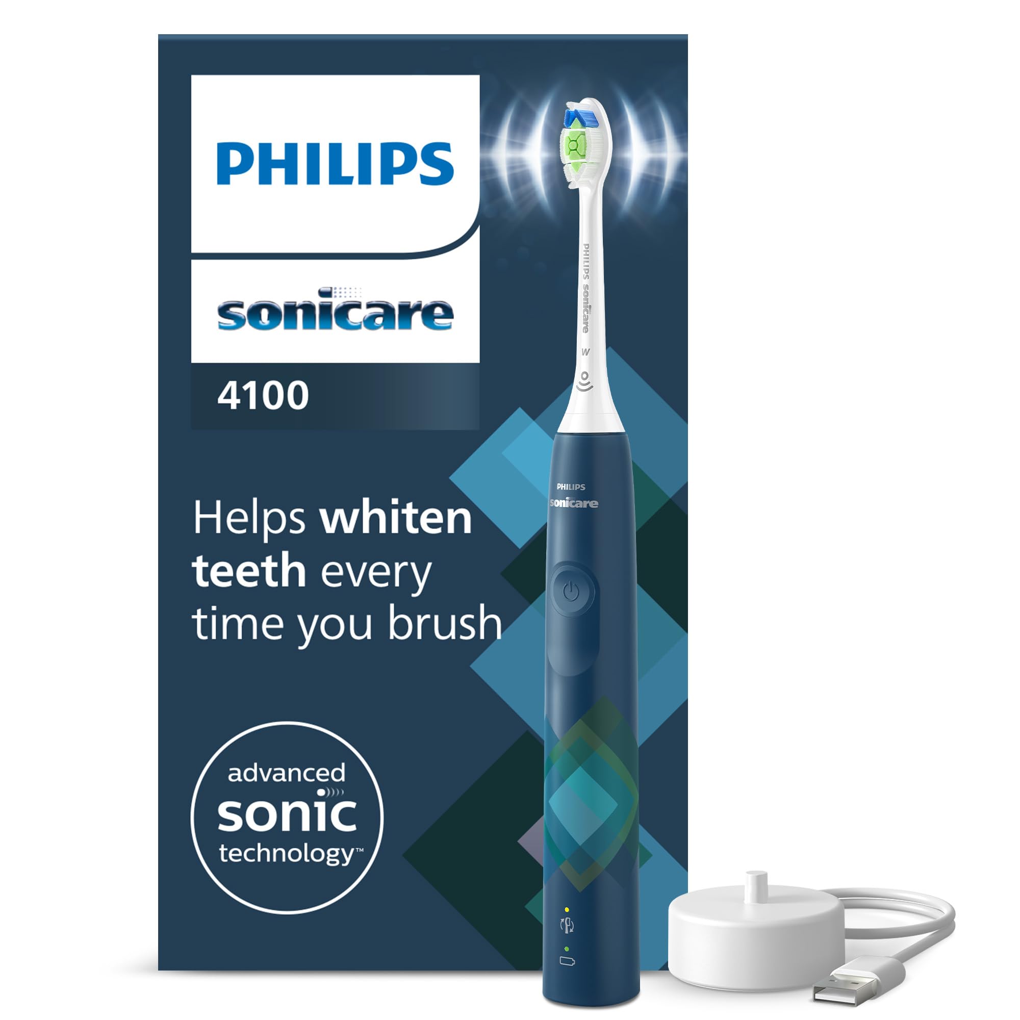 Philips Sonicare 4100, cepillo dental eléctrico, sónico con dos modos, sensor de presión y temporizador, azul Malibú prismático, modelo HX3689/42, Azul