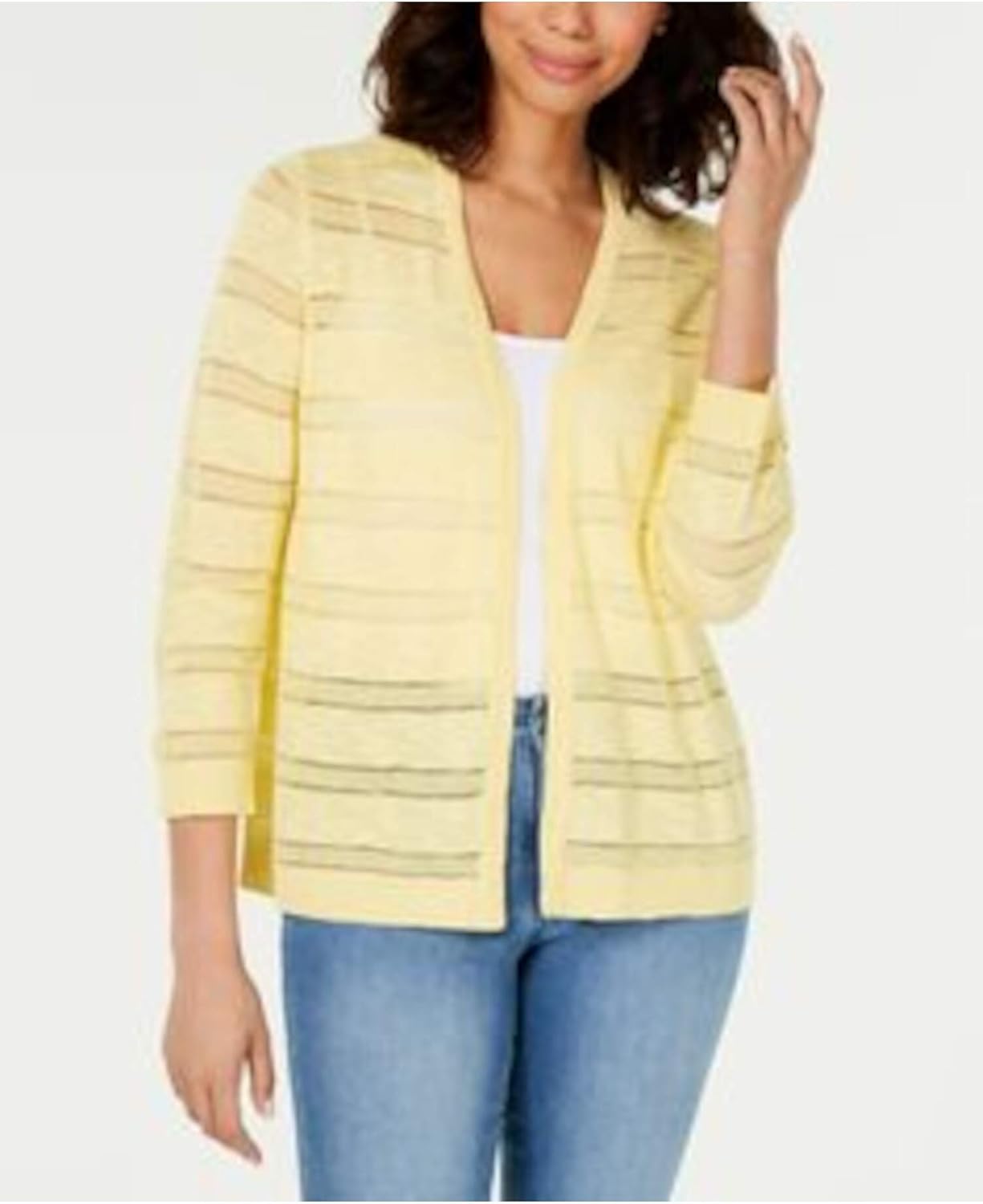 Charter Club Womens Yellow Pointelle-Striped 3/4 Sleeve Open Cardigan Top Size M at Amazon Women 