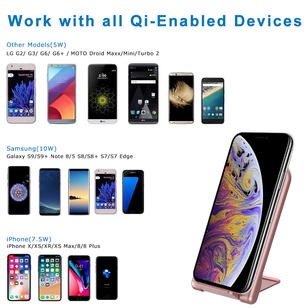 KZY Fast Wireless Charger Stand, QI Certified Wireless Charger Compatible for iPhone X/8/8+,Folding Wireless Stand Charger for Galaxy S9/S9+ S8/S8+ Edge, Rose Golden (with QC 3.0 AC Adapter)
