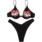 ZGMYC Women Funny Skull Letter Print Goth Bikini Set 2 Piece Neon Bandeau Swimsuit
