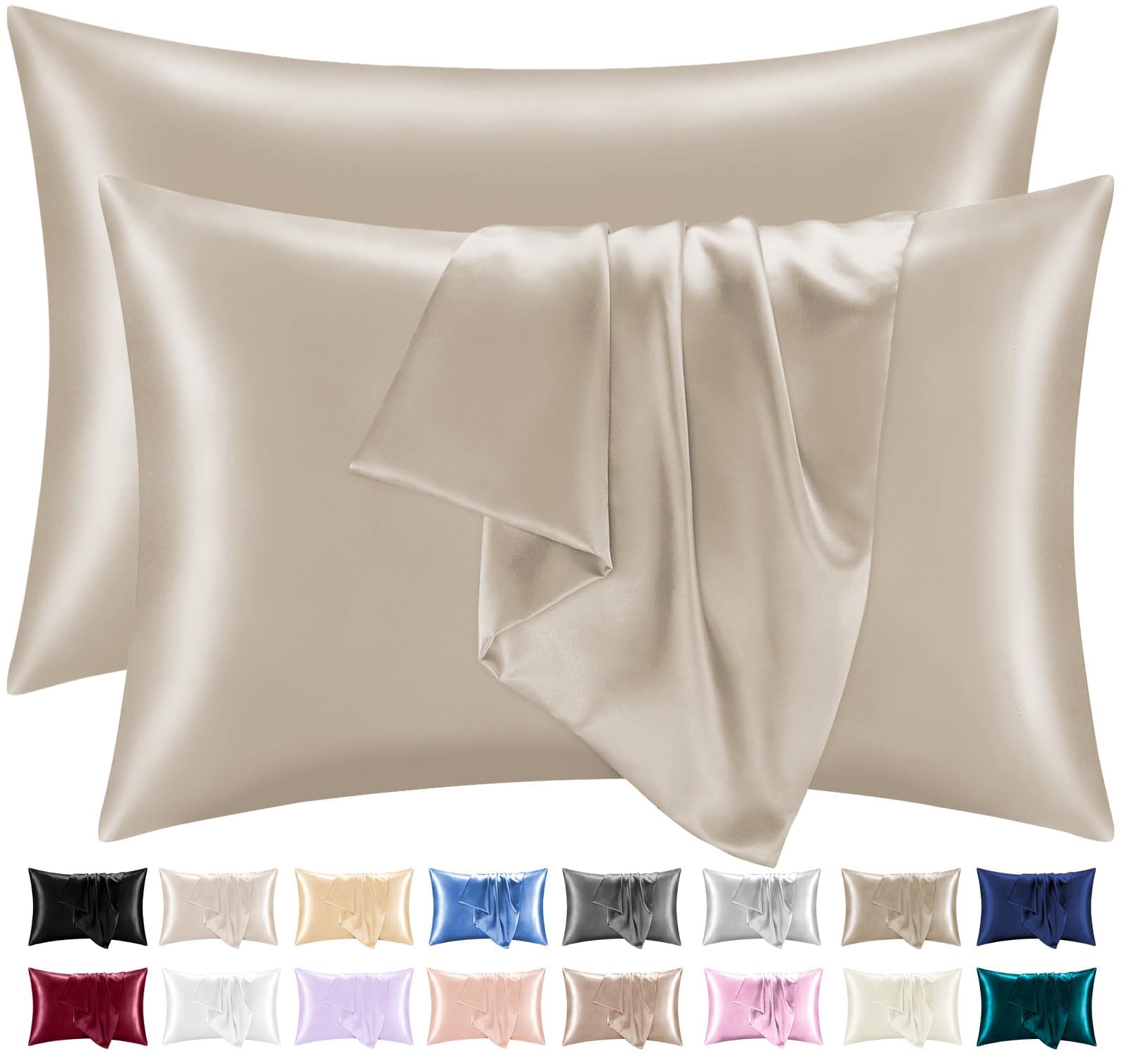 Lazzaro Satin Silk Pillowcases for Hair and Skin - Hypoallergenic Silk Pillow Cases 2 Pack with Envelope Closure - Ultrasoft Standard Size Taupe Silk Pillowcases (50 x 75 cm)