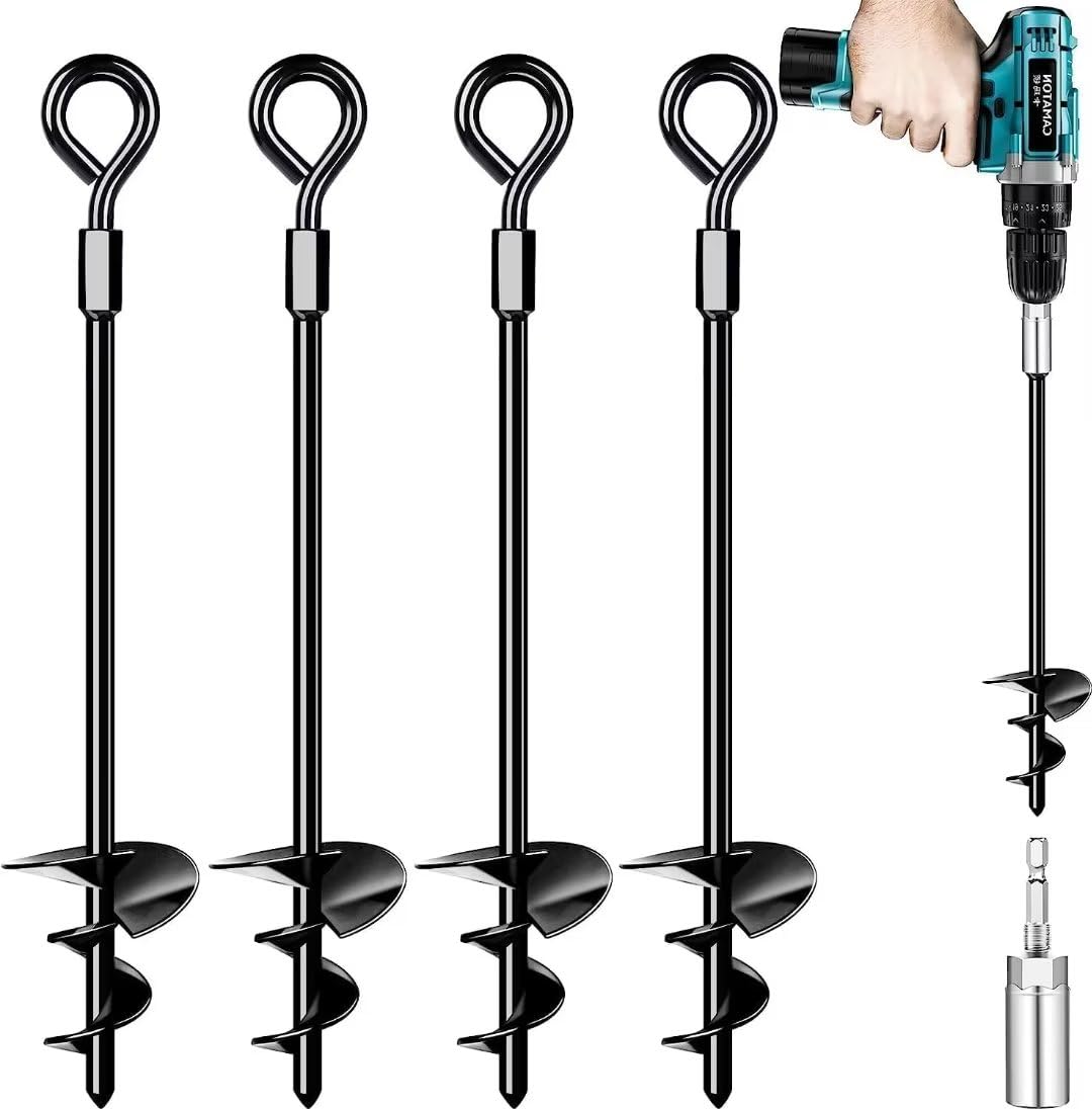 Photo 1 of Ground Anchors 4 Pack, Heavy Duty Swing Set Anchors, Spiral Earth Anchors for Trampoline, Camping, Shed, Canopies, Metal Trampoline Anchors Resistant Strong Wind
