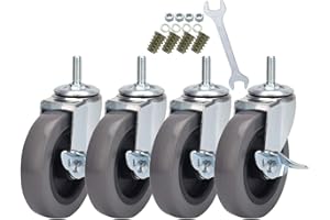DICASAL Stem Casters with Imperial 3/8-16x25mm Stem Thread Heavy Duty and Highly-Elastic TPR Wheels Mute Castors with Side Brakes Pack of 4 (4 Inch)
