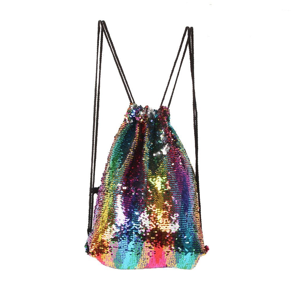 Tskybag Mermaid Sequin Bag Drawstring Sequins Backpack Glitter Mermaid Backpacks Magic Dance Bags for Women Girls Teens (Rainbow)