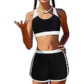 Gaupafmb Girls Bikini 3PCS Swim Sets Color Block Crop Top Briefs with Shorts for 7-16 Years
