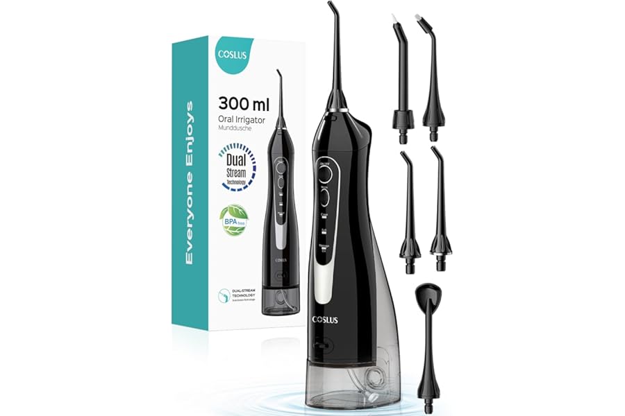COSLUS Water Dental Flosser Teeth Pick: Portable Cordless Oral Irrigator 300ML Rechargeable Travel Irrigation Cleaner IPX7 Waterproof Electric Flossing Machine for Teeth Cleaning C20(F5020E)