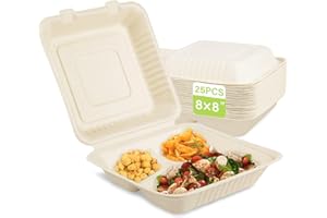 greensight Compostable Take Out Food Container 8X8, With 3 Compartments 25 Pack Disposable Clamshell Food Containers, Heavy Duty To Go Boxes, Eco-Friendly Biodegradable Made From Sugarcane Fibers