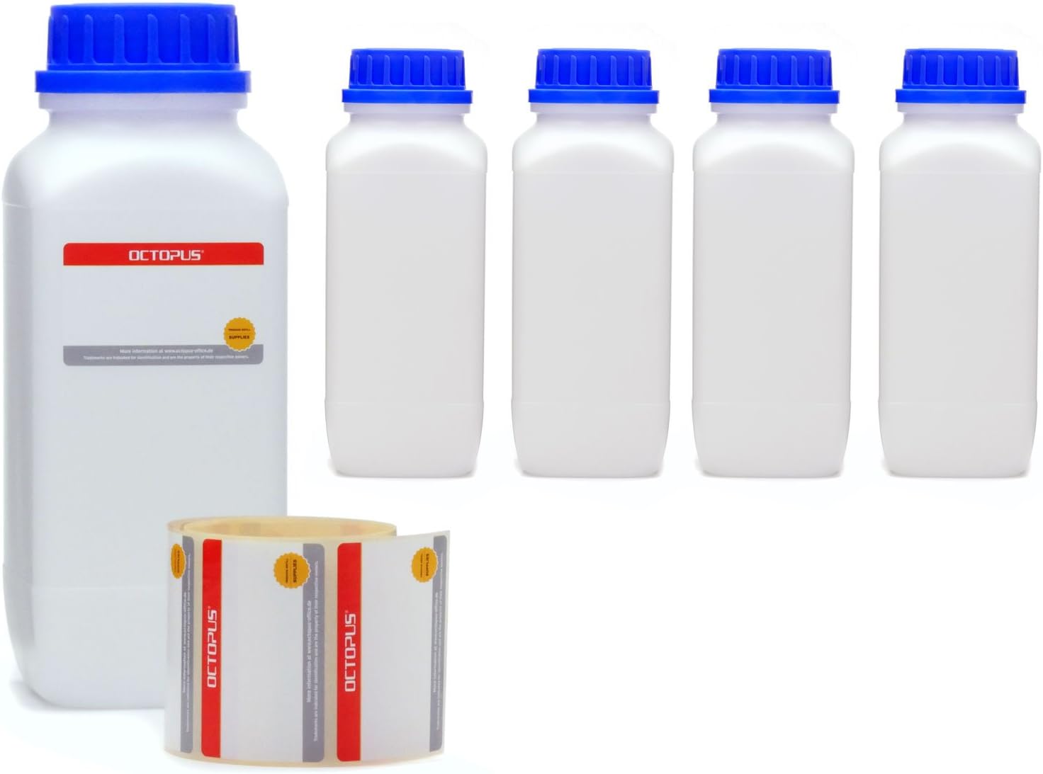 Octopus 5x 1000 ml wide mouth bottles with screw top, chemical bottle, laboratory bottle, Blue, 1000 ml x 5