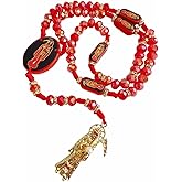 BONITTER Black Holy Death's Necklace Wooden Santa Muerte Necklace Red Rosaries Beads Blessing Crafted Rosario de la santa muerte Prayer Gift For Women Men