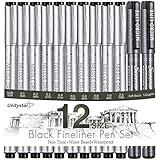 Drawing Pens Black, UnityStar 12 Pack Fineliner Pens Waterproof Micro Tip Artist Pens with Assorted Fine Point &amp; Brush Tips for Illustration Sketch Technical Drawing Office, Black Ink