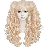 ANOGOL Hair Cap+Blonde Wig Costumes For Women With 2 Curly Ponytail Wig Long Curly Wig For Cosplay Wig For Halloween Costume Party For Women(Blonde)