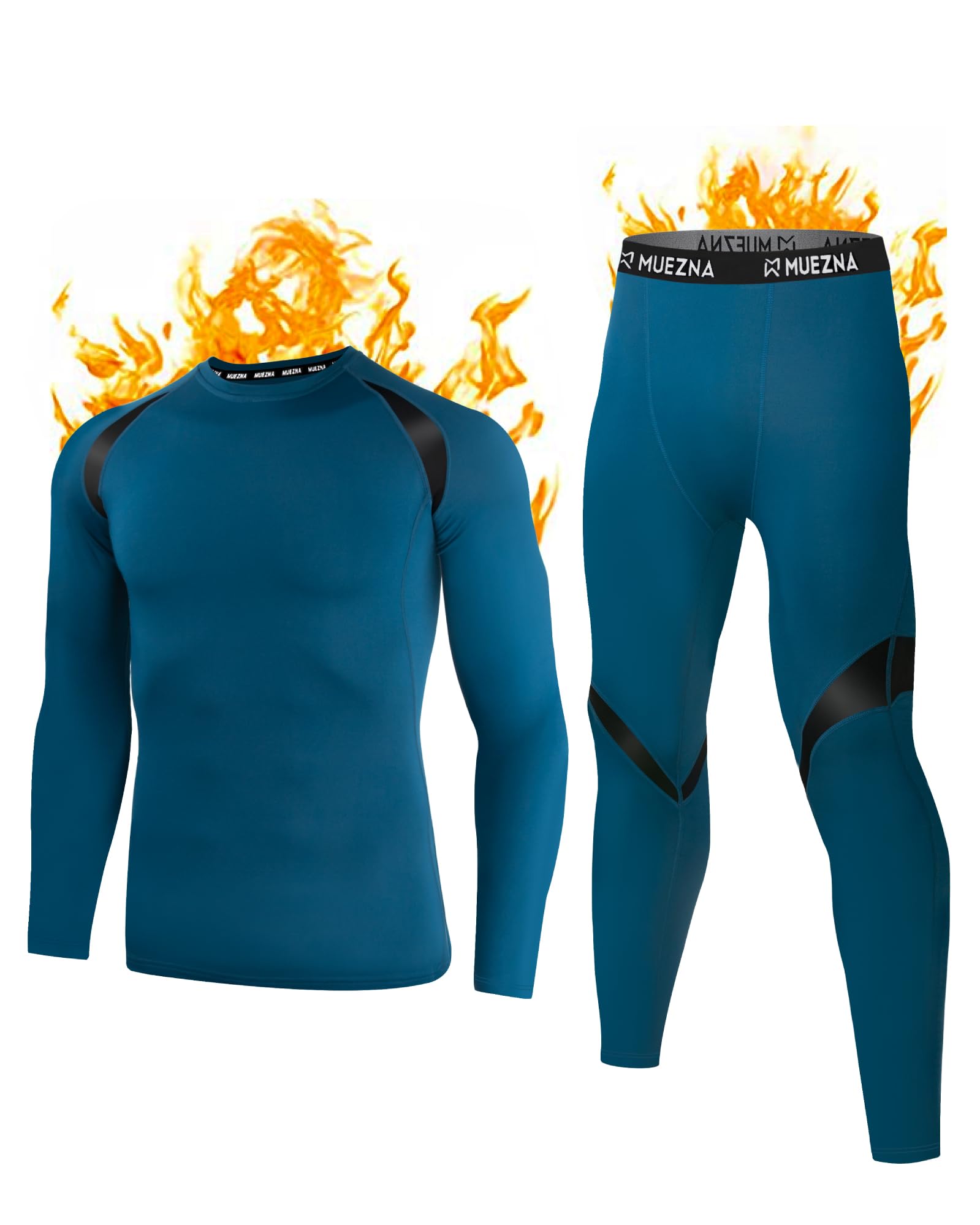 Muezna Men's Thermal Top and Bottom Set Underwear Long Johns Base Layer with Soft Fleece Lined Deep Blue Image