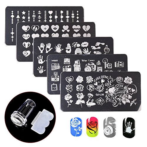 WOKOTO 5 Pieces Nail Art Templates Kit With Stamper And Scraper Palm Rose Heart Shap Design Templates For Nails Manicure Stamping Plates