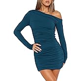 Amkoyam Women's 2025 Sexy Off Shoulder Dress Long Sleeve Bodycon Ruched Formal Cocktail Party Mini Dresses