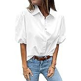 LAYOGAS Womens Short Puff Sleeve Tops V Neck Collared Button Down Shirt Dressy Casual Blouse T Shirt
