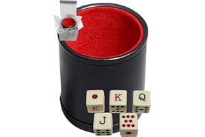 SXOWIHZ Cyber-Deals Set of Dice Cup Black PU Leather w/Plush Red Felt Lined + Spanish Poker Dice Ivory Tone (Gift Boxed)