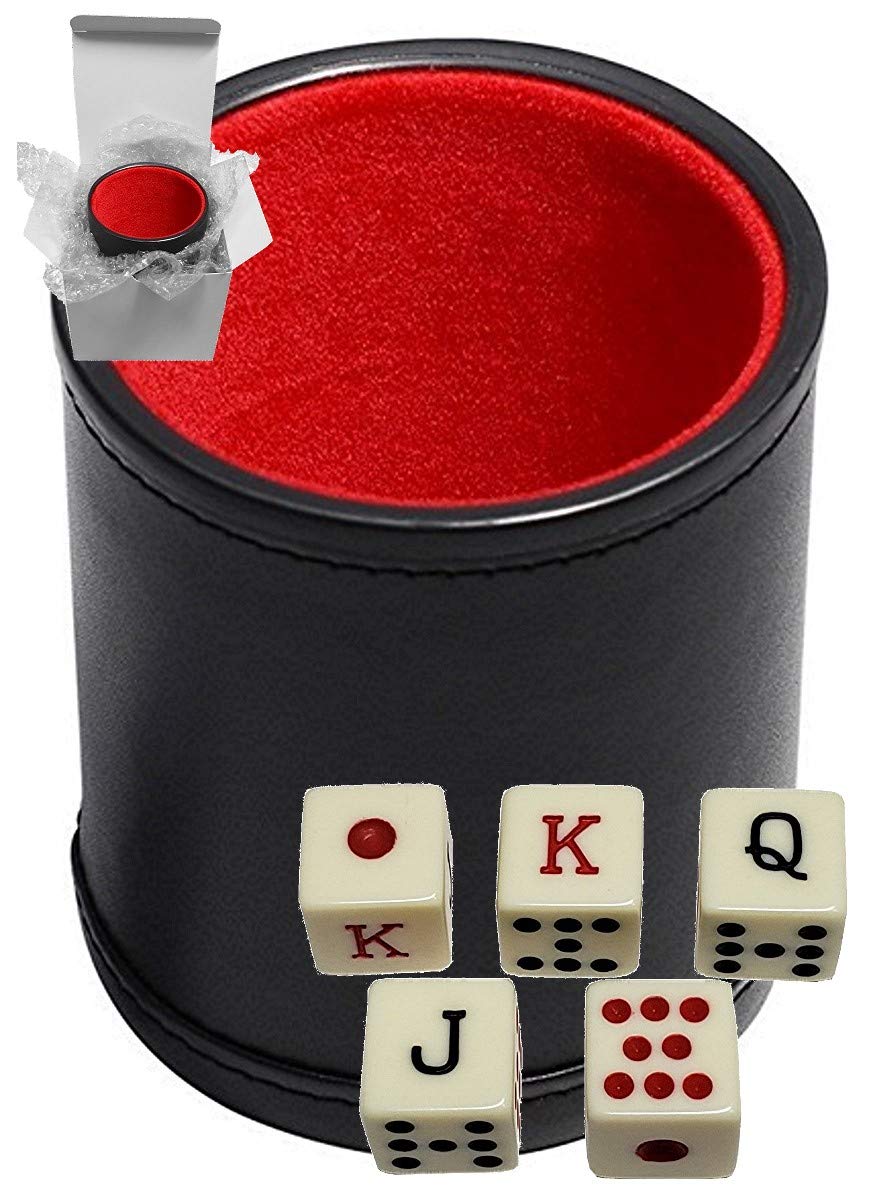 Cyber-Deals Set of Dice Cup Black PU Leather w/Plush Red Felt Lined + Spanish Poker Dice Ivory Tone (Gift Boxed)