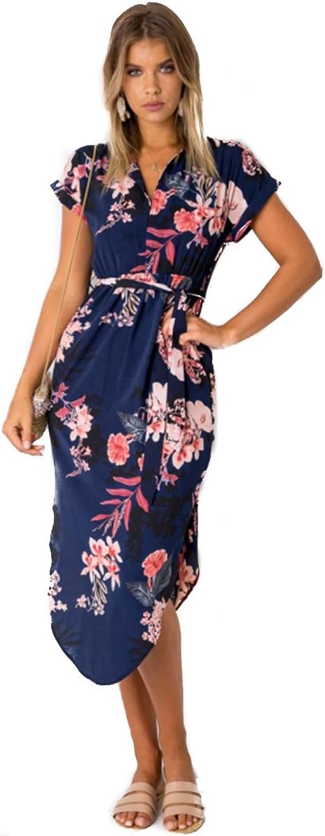 Gorgeya Womens Casual Midi Dresses Short Sleeve Long Skirt Tunic Split Summer Floral Pattern Belted Dress(Navy XL)