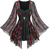 DRESSFO Women's Floral Belted 2-in-1 Top – Rose Print Ruched Sweetheart Neck Blouse with Flare Sleeves