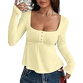 BAIGRAM Women Cute Ruffle Peplum Babydoll Crop Tops Y2K Long Sleeve Button Up Picot Trim Square Neck Tshirt Fall Going Out