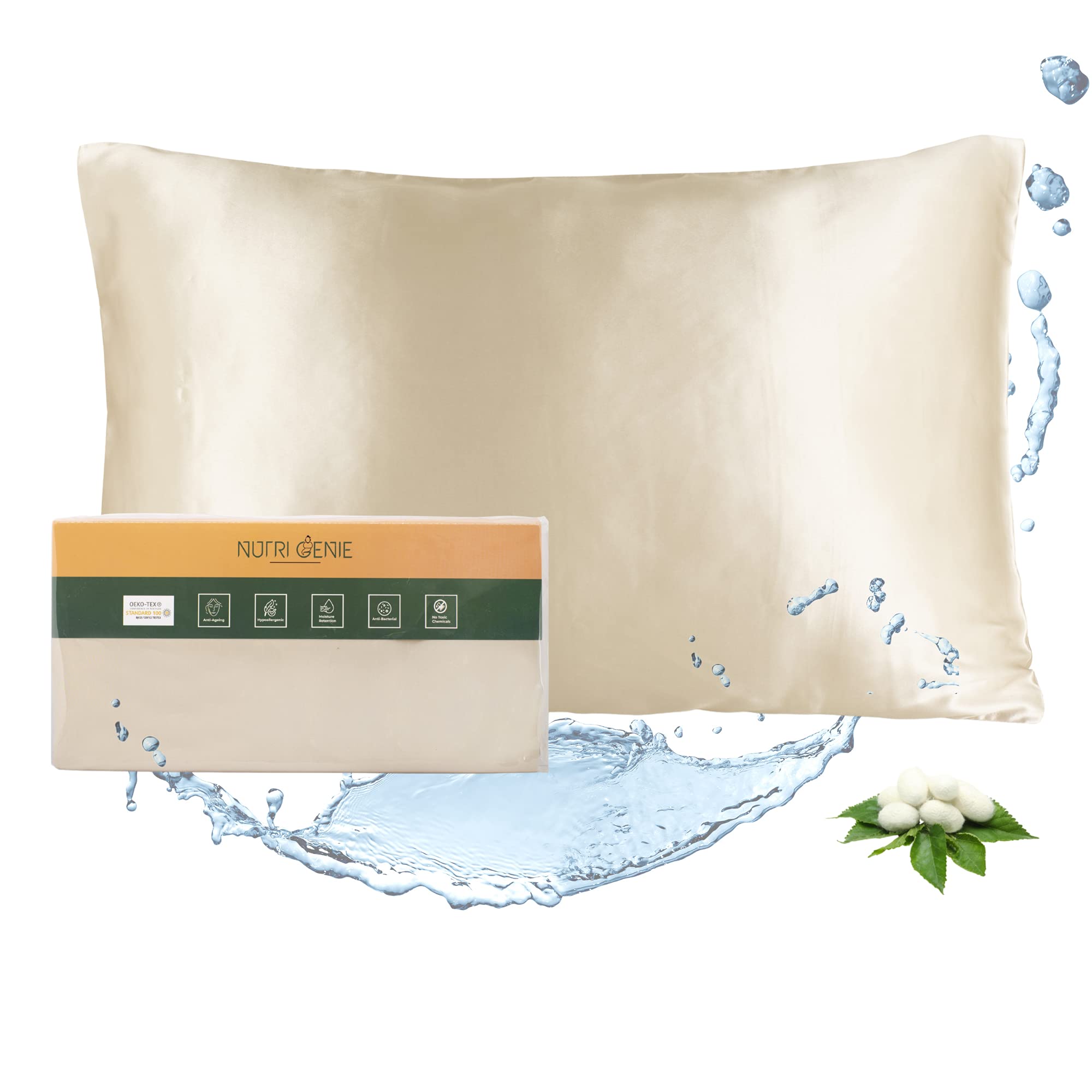 Nutri Genie (UK based: Hyaluronic Acid infused Silk Pillowcase for hair and skin (19 momme), Hypoallergenic with Envelope Closure, 1pc 50cm x 75cm