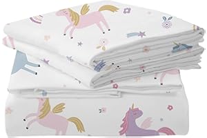 MUSOLEI Unicorn Fitted Sheet Set Full Girls Rainbow Star Sheet Pink Flower Bedding Set 1 Deep Pocket Fitted Sheet with 2 Pillowcases Multi-Colour Girls Kids Teenagers Gift Queen