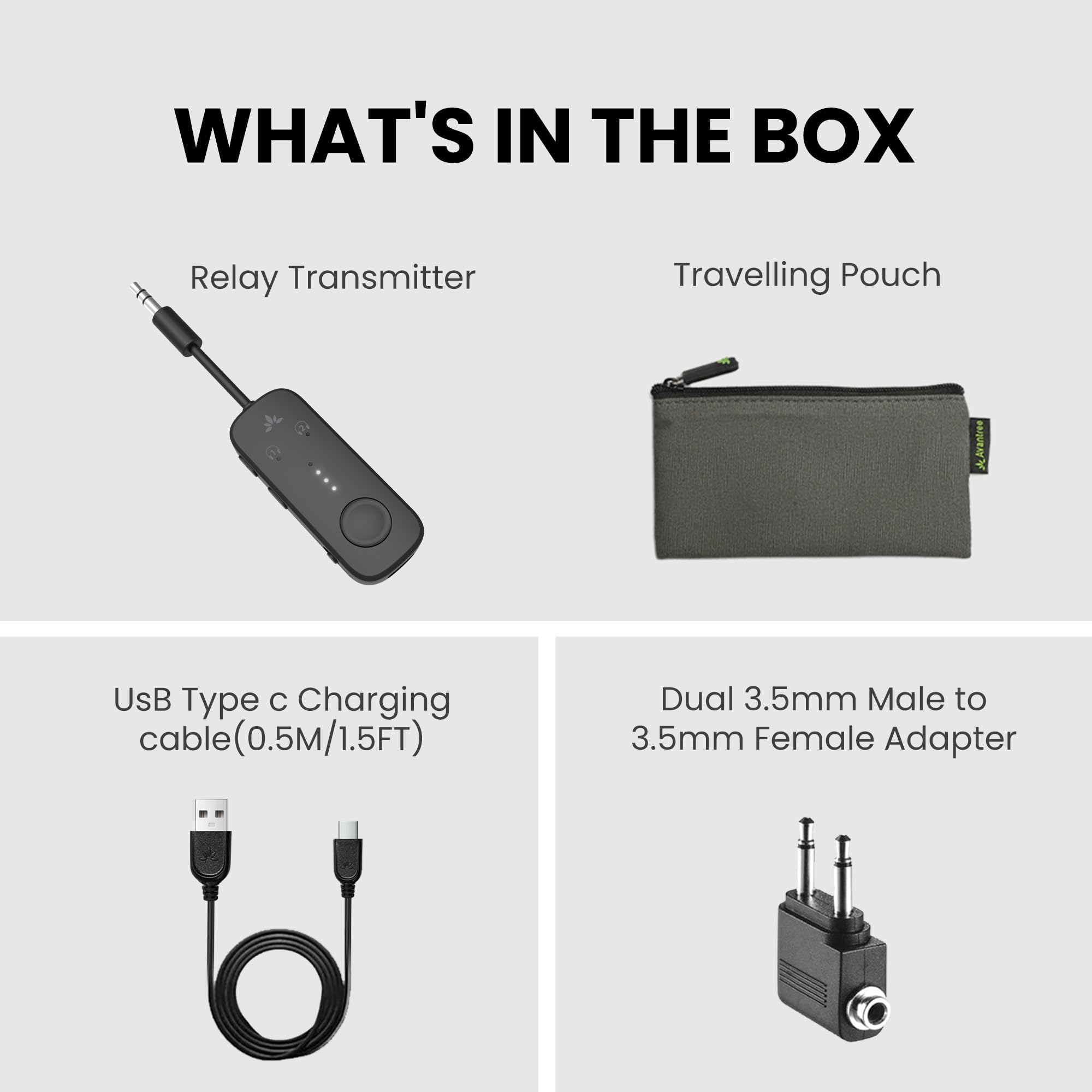 Avantree Relay - Airplane Bluetooth 5.3 Adapter with Qualcomm aptX Adaptive, Supports 2 AirPods or Headphones, 20Hr Playtime, 3.5mm AUX Wireless Audio Transmitter for Travel Flight, Airline, Gym
