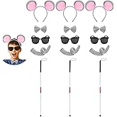 AXBMM 15 Pcs Mouse Costume Accessories Set Gray Mouse Headbands Tails Sunglasses Folding Blind Canes for Halloween Party