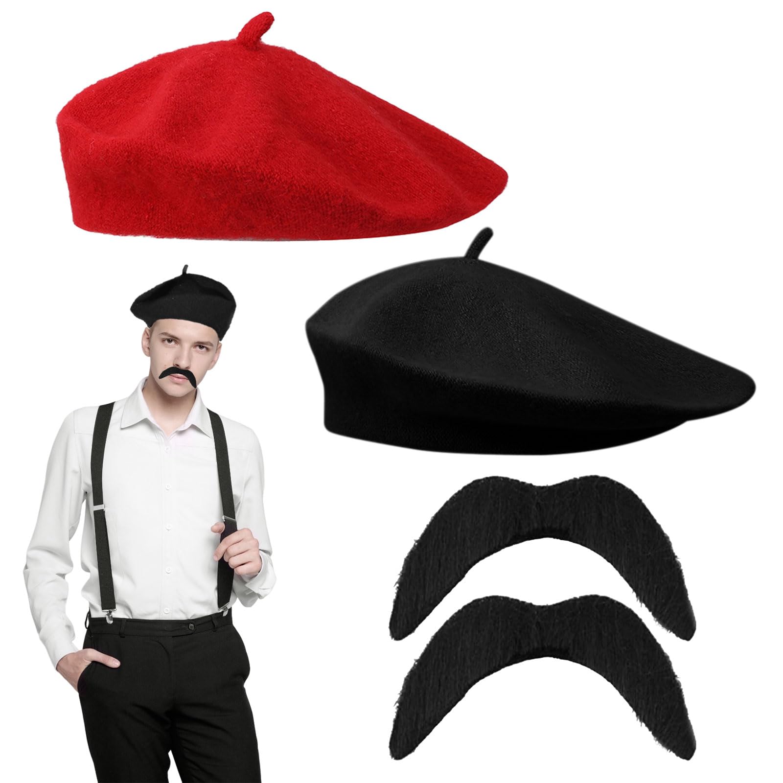 FUIPVGI 4 Pieces French Fancy Dress Costume Beret Moustache Adult Unisex Mustache For Dress Up Costume Hair Accessory Outfit. (black red)