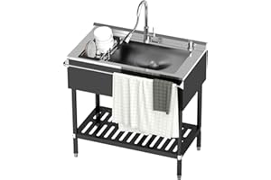 Toemics Stainless Steel Utility Sink, 30.8'' Free Standing Single Bowl Sink with Pull-Out Faucet & Cold and Hot Water Pipe & basket, Indoor and Outdoor Sink for Laundry Room, Garage, Kitchen, Black